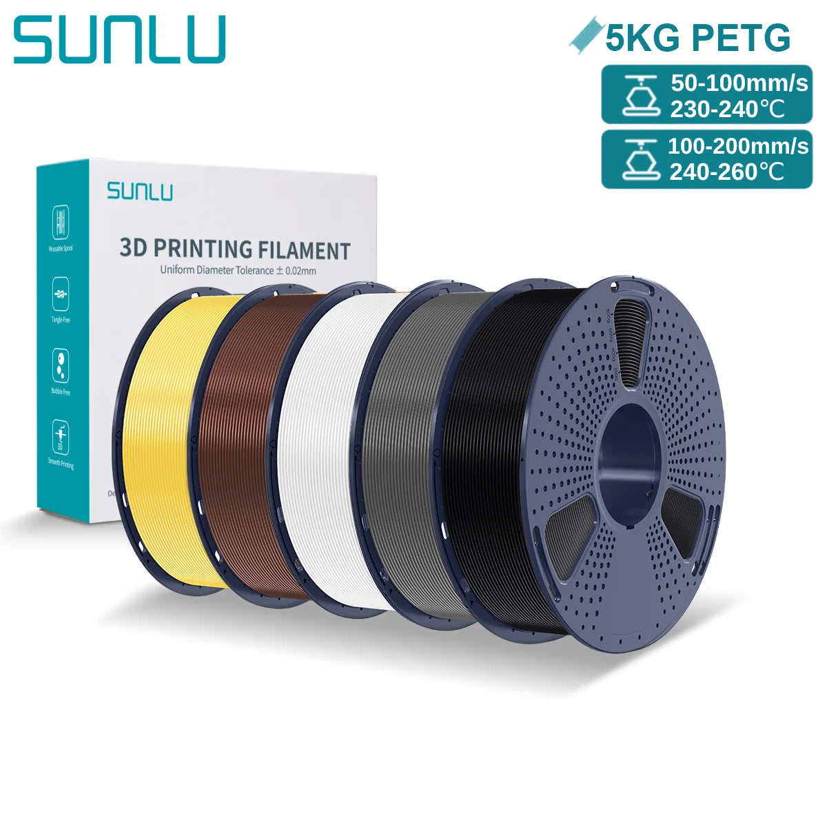 SUNLU PETG 3D Printer Filament 5KG Neatly Wound Good Toughness 1.75mm 3D Filament with Reusable Spool for Most FDM Printer