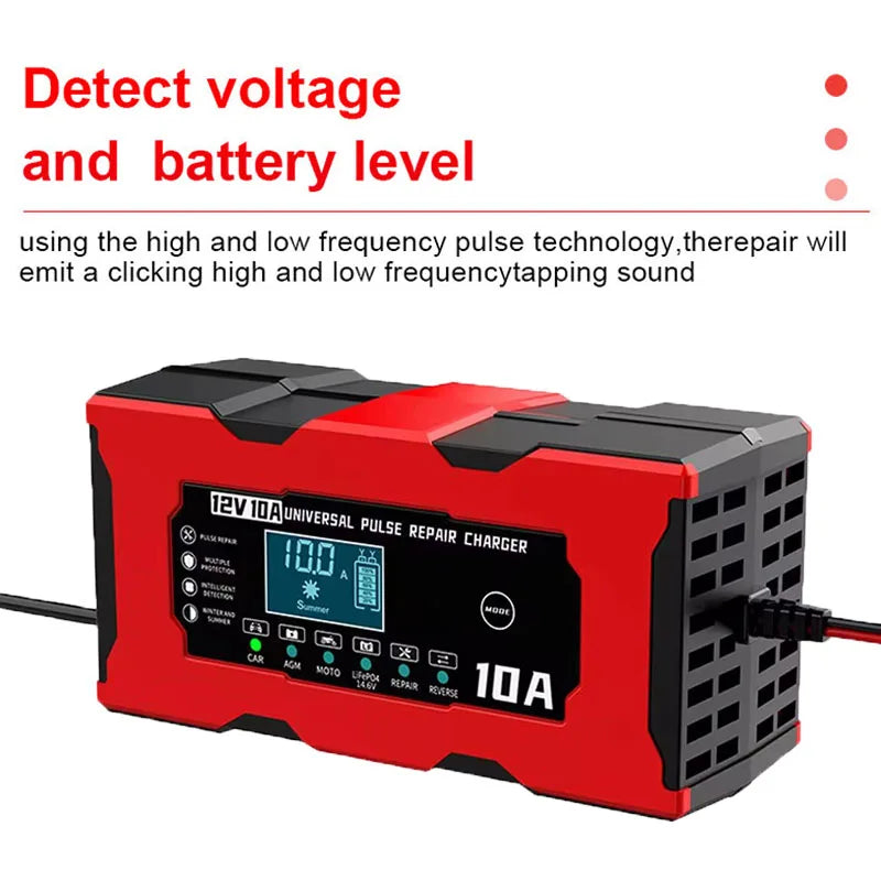 12V 10A Car Battery Charger For Lifepo4 Lead Acid AGM GEL PB Lithium Battery Car Charger Pulse Repair Smart Charger LCD Display