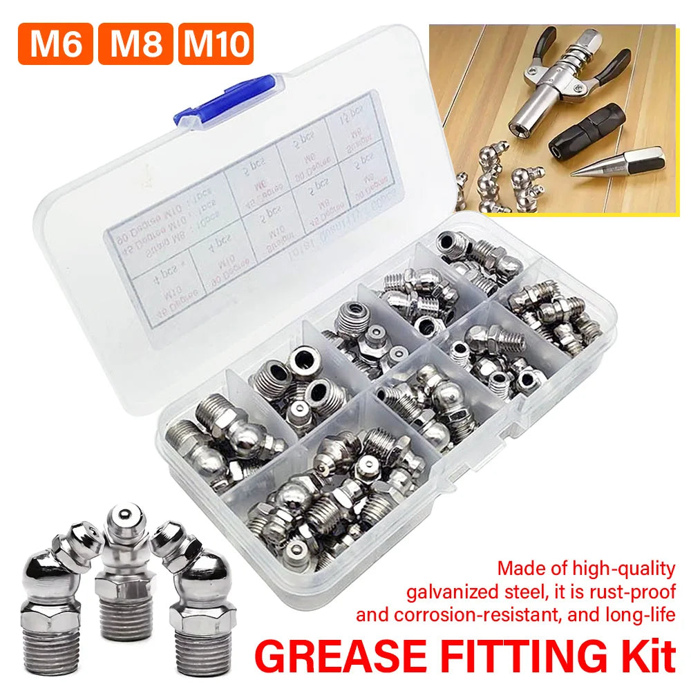 60/120Pcs Metric Grease Fitting Assortment Straight 45°/90°/180°Angle M6 M8 M10 Galvanized Metal Grease Nipple With Storage Box
