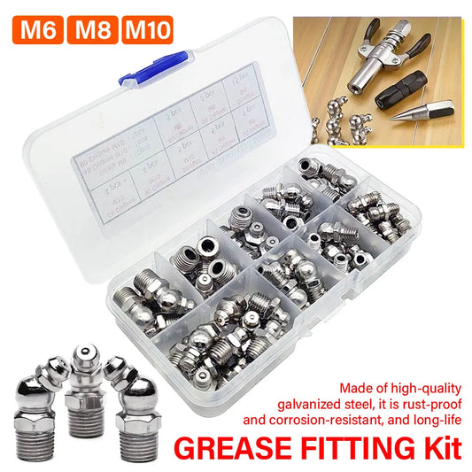 60/120Pcs Metric Grease Fitting Assortment Straight 45°/90°/180°Angle M6 M8 M10 Galvanized Metal Grease Nipple With Storage Box