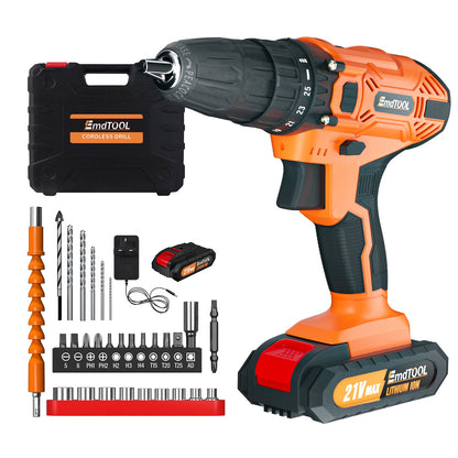 45Nm Cordless Drill Screwdriver with 21V 1.5Ah Battery and Charger, 25+1 Torque, 2700RPM 2 Speed, 29 PCS Accessories, Carry Case