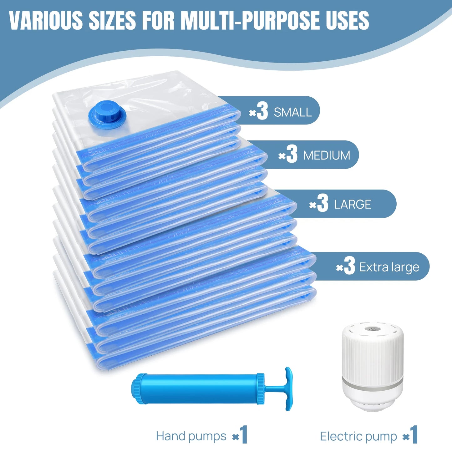 12-Pack Vacuum Compression Storage Bags for Clothes, with Electric Pump - Reusable Space Saver Bags for Travel, Duvets Storage