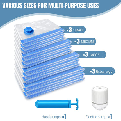 12-Pack Vacuum Compression Storage Bags for Clothes, with Electric Pump - Reusable Space Saver Bags for Travel, Duvets Storage