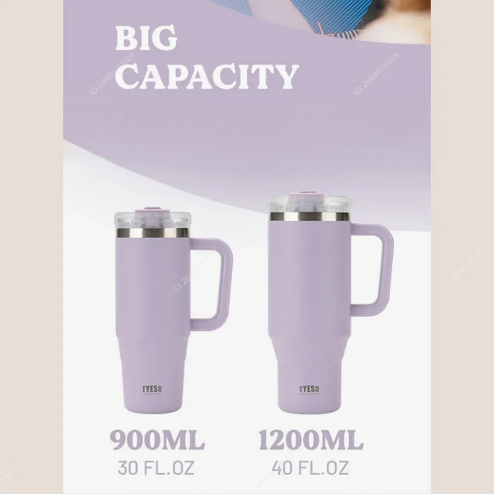 Tyeso 900/1200ML Tumbler Bottle Stainless Steel Car Mug With Handle Straw Thermal Iced Travel Vacuum Insulated Coffee Hot Cup