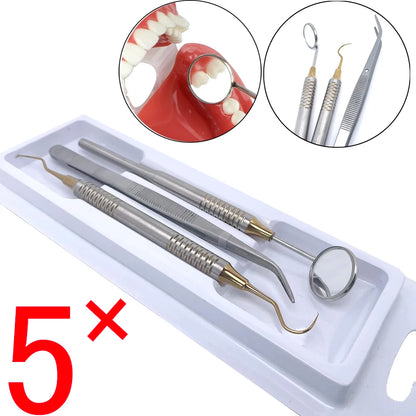 5Kit Dental Mouth Mirror Stainless Steel Tweezers Curve Probe Dentist Double Ended Instrument Teeth Care Cleaning Whitening Tool