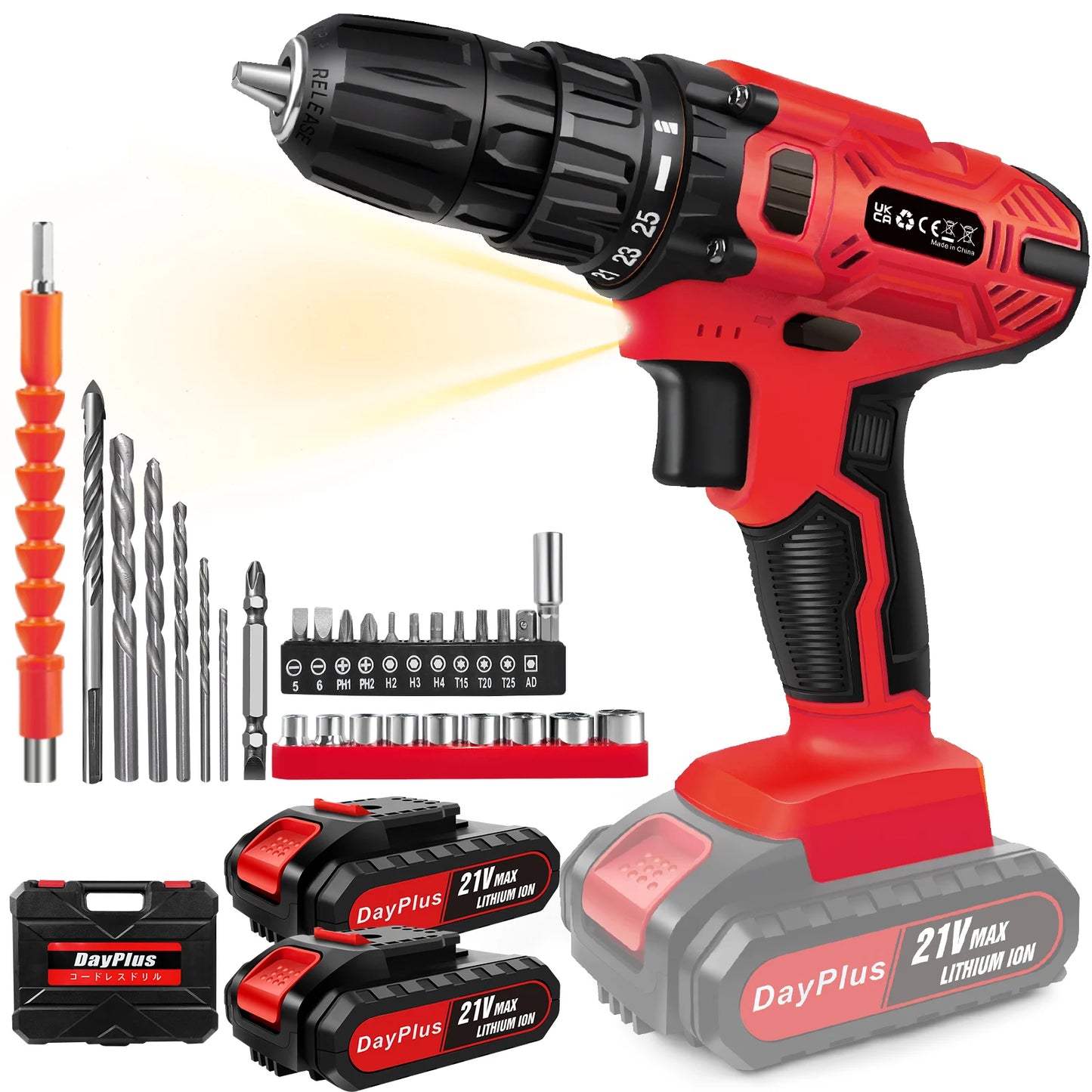 21V Battery Drill,Electric Screwdriver with 45 Nm, 25+1 Tightening Torque Settings,29PCS Accessories,LED Light,Safety Lock Drill