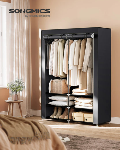 SONGMICS Clothes Wardrobe, Portable Closet, 2 Hanging Rails, Shelves, and 4 Side Pockets, Large Capacity for Living Room