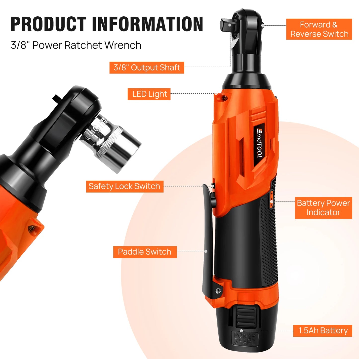 3/8’ 12 V Extended Cordless Ratchet for Car Repair, DIY Work, Automotive, Electric Vehicles, Electric Mode of Operation