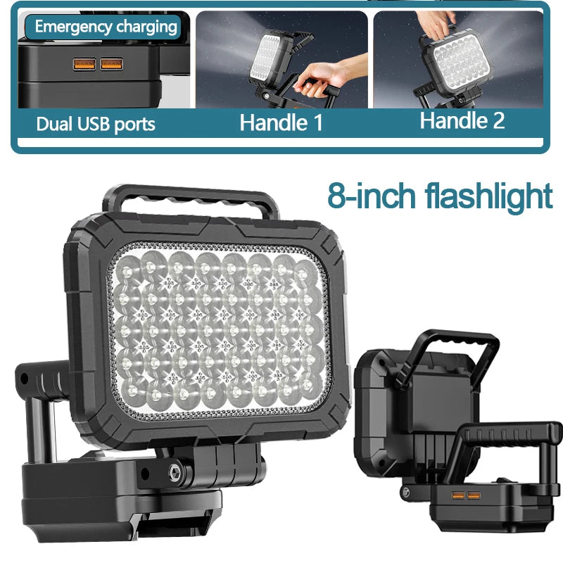 8IN 7200LM 120W Work Light 18V For Makita Battery Flashlight Portable LED Spotlight Floodlight With Dual USB charging port