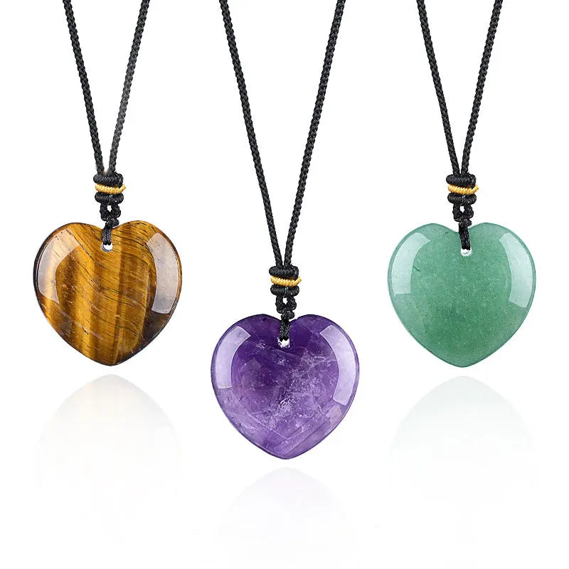 1pc 30mm Natural Stone Pendant Necklace Heart Amethyst Rose Quartz Pendant Necklace for Women Men Jewelry Party Gift