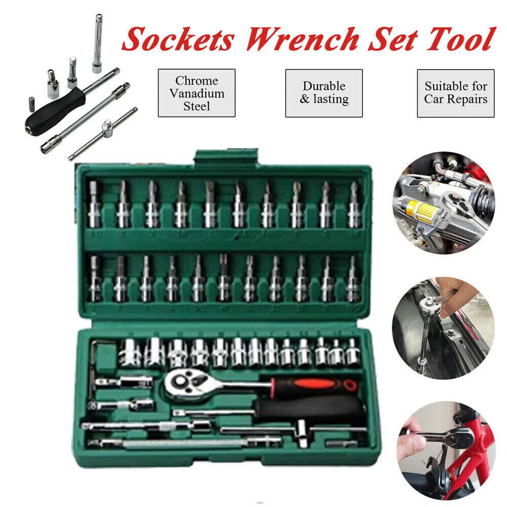 46PCS Socket Set Car Metric Socket Ratchet Wrench Set CRV Steel Torx Wrench Bits Screwdriver 1/4" Drive Car Vehicle Repair Tool