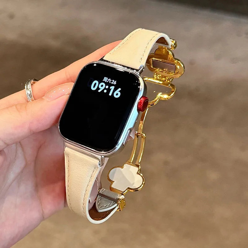 Four-leaf Clover Magnetic Leather Strap for Apple Watch 10 Band 46mm 44/42mm 45mm Thin Bracelet iWatch Series Women Watchband