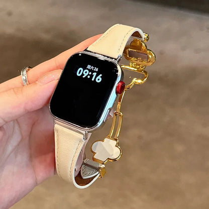 Four-leaf Clover Magnetic Leather Strap for Apple Watch 10 Band 46mm 44/42mm 45mm Thin Bracelet iWatch Series Women Watchband