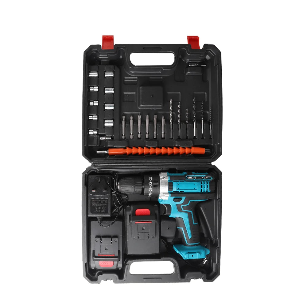 Electric Drill Power Tool Cordless Drill Combi Driver Electric Screwdriver Impact Set with 2pcs Rechargeable Batteries