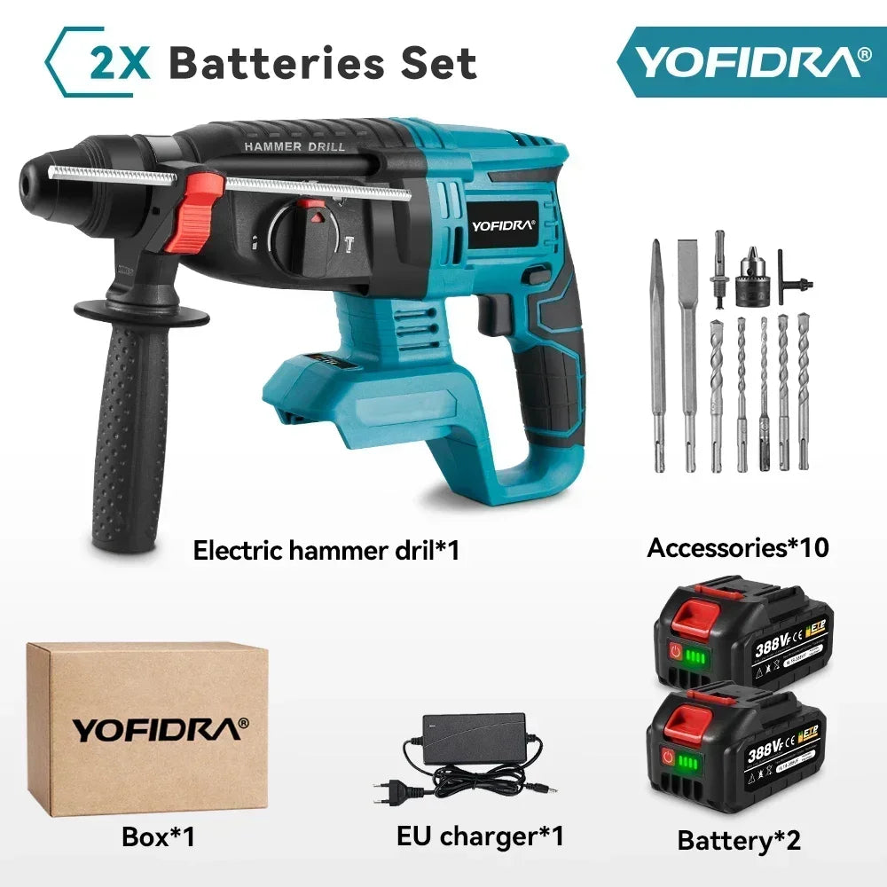YOFIDRA 26MM Brushless Electric Hammer Drill Multifunctional Rotary Cordless Rechargeable Power Tools For Makita Battery Pin