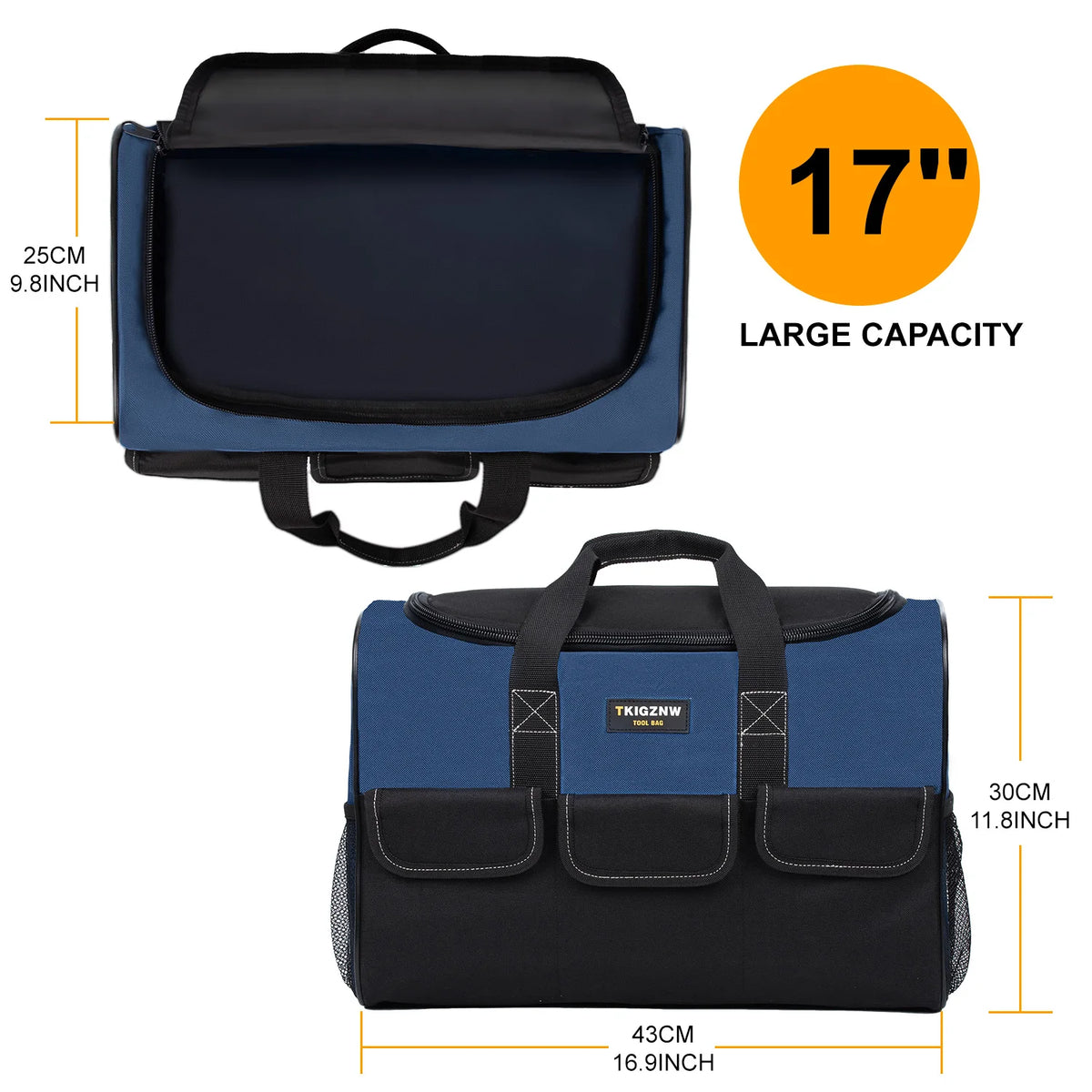 TKIGZNW T009-17 Inch Tool Bag, Large Tool Bag with 6 Exterior Pockets Electrician Tool Bag, for DIY Enthusiasts and Craftsmen