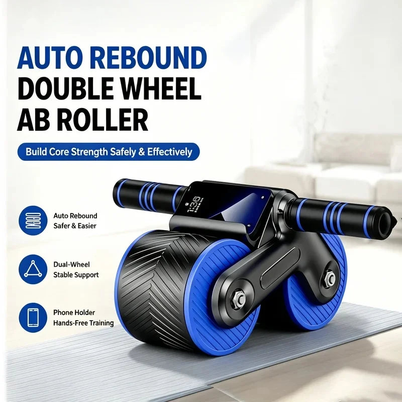 Auto Rebound Double Wheel Ab Roller With Phone Holder Non‑Slip Abdominal Exercise Roller Core Workout Equipment For Fit Beginner