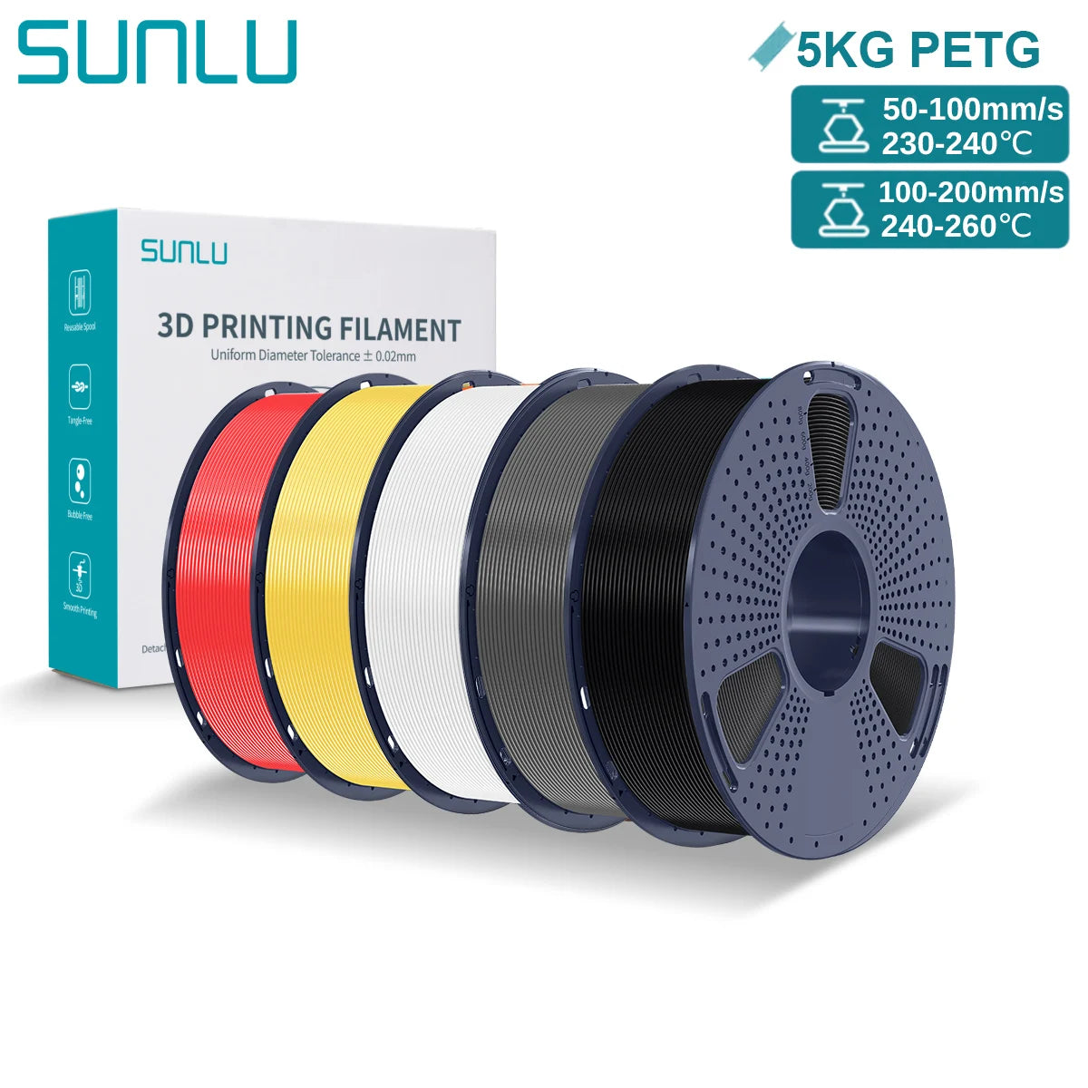 SUNLU PETG 3D Printer Filament 5KG Neatly Wound Good Toughness 1.75mm 3D Filament with Reusable Spool for Most FDM Printer