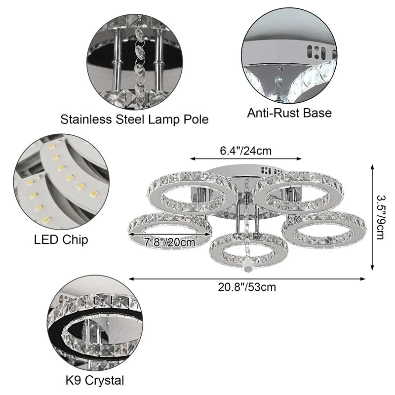 Modern Crystal Chandelier Ceiling Lamp Chrome Flush Mounted Pendant Light Luminari Dining Living Room Plafon Led Hanging Lampara
