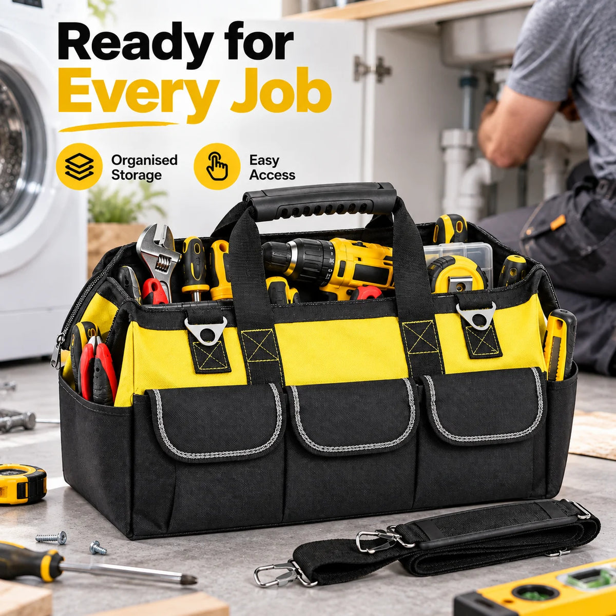 Heavy Duty Electrician Tool Bag, Large Capacity Tool Storage Bag with Multiple Compartments, Durable Polyester Work Bag with Sturdy Handles, Black Yellow Tool Bag for Job Sites