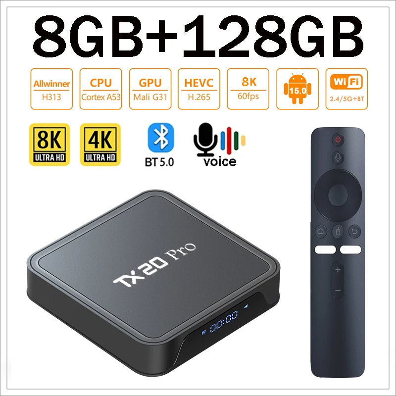 TX20 Pro TV Box Android 15 Allwinner H313 Quad Core 8K 4K HD Media Player 4G 5G Dual WIFI BT5.0 8GB 128GB Voice Remote iptv