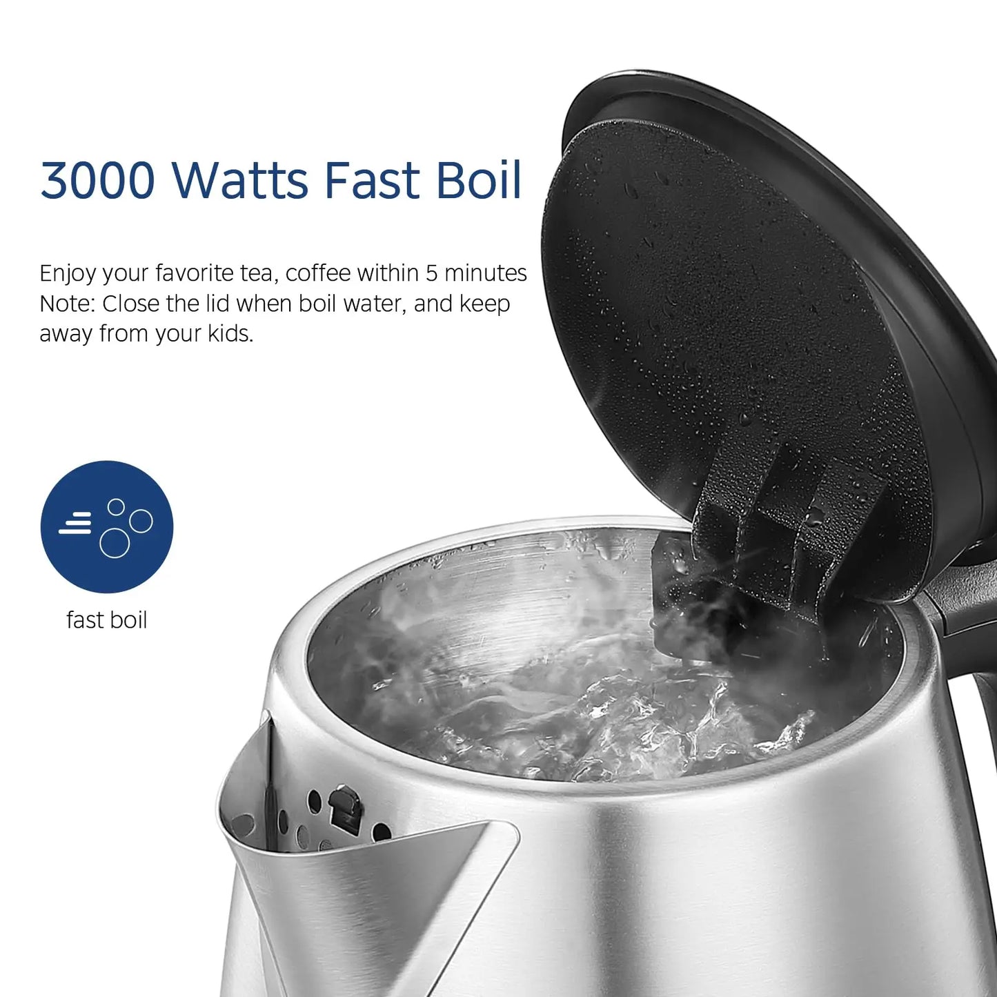 Electric Kettle 3000W Fast Boil 1.7L Stainless Steel Kettle with  LED Indicator,Water Level Indicator, Dry Burn Protection