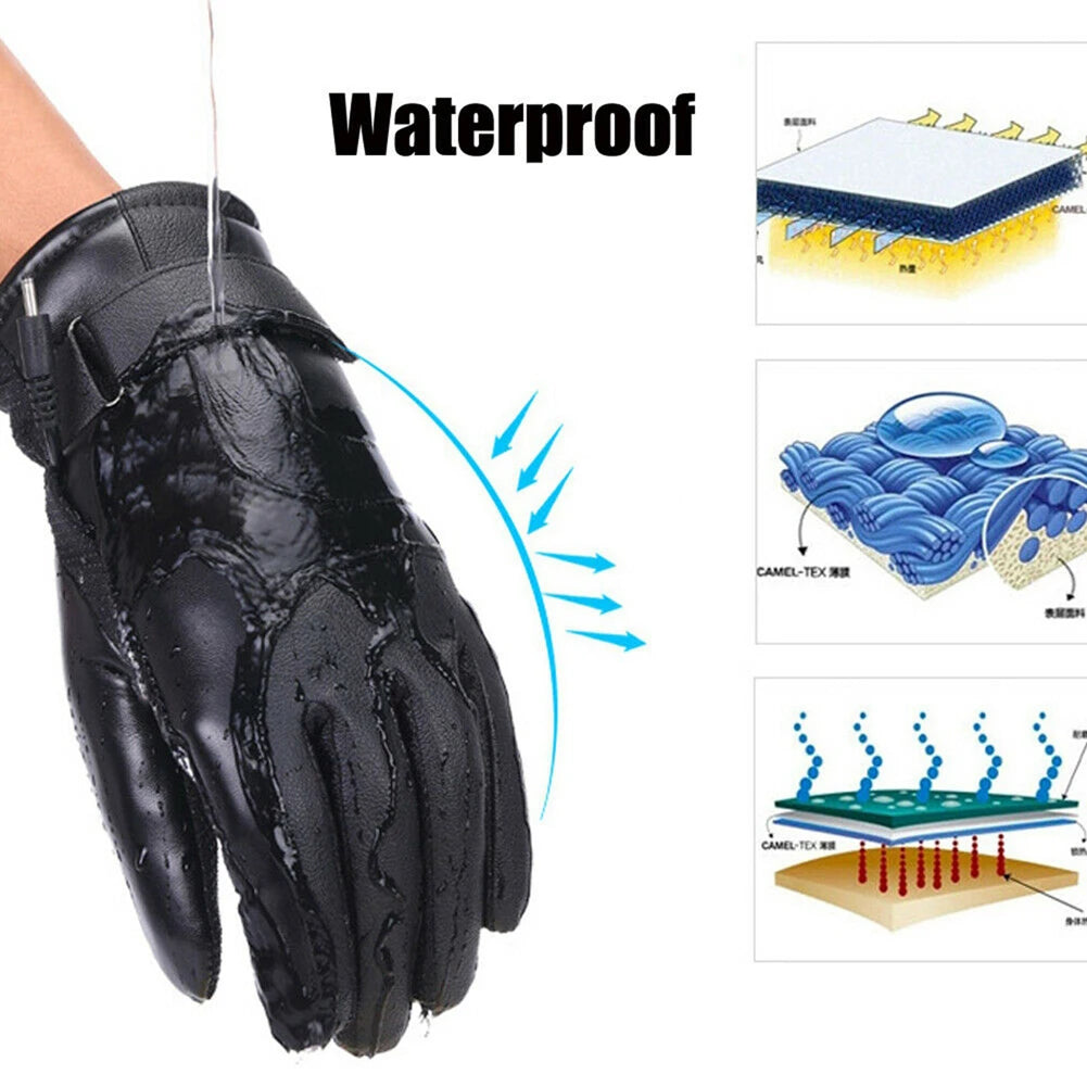 USB Heated Gloves Waterproof Thermal Heated Gloves PU Leather Heating Gloves Soft Winter Outdoor Warm Gloves for Off Road Skiing