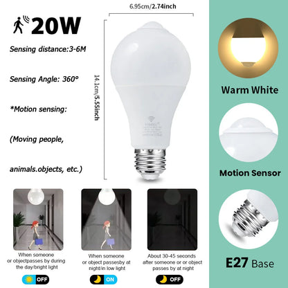 6pcs LED Bulbs Radar Motion Sensor Light 220V E27 LED Bulb Auto ON/OFF Working In Night Radiation Motion Detector Security Light