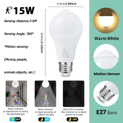 6pcs LED Bulbs Radar Motion Sensor Light 220V E27 LED Bulb Auto ON/OFF Working In Night Radiation Motion Detector Security Light