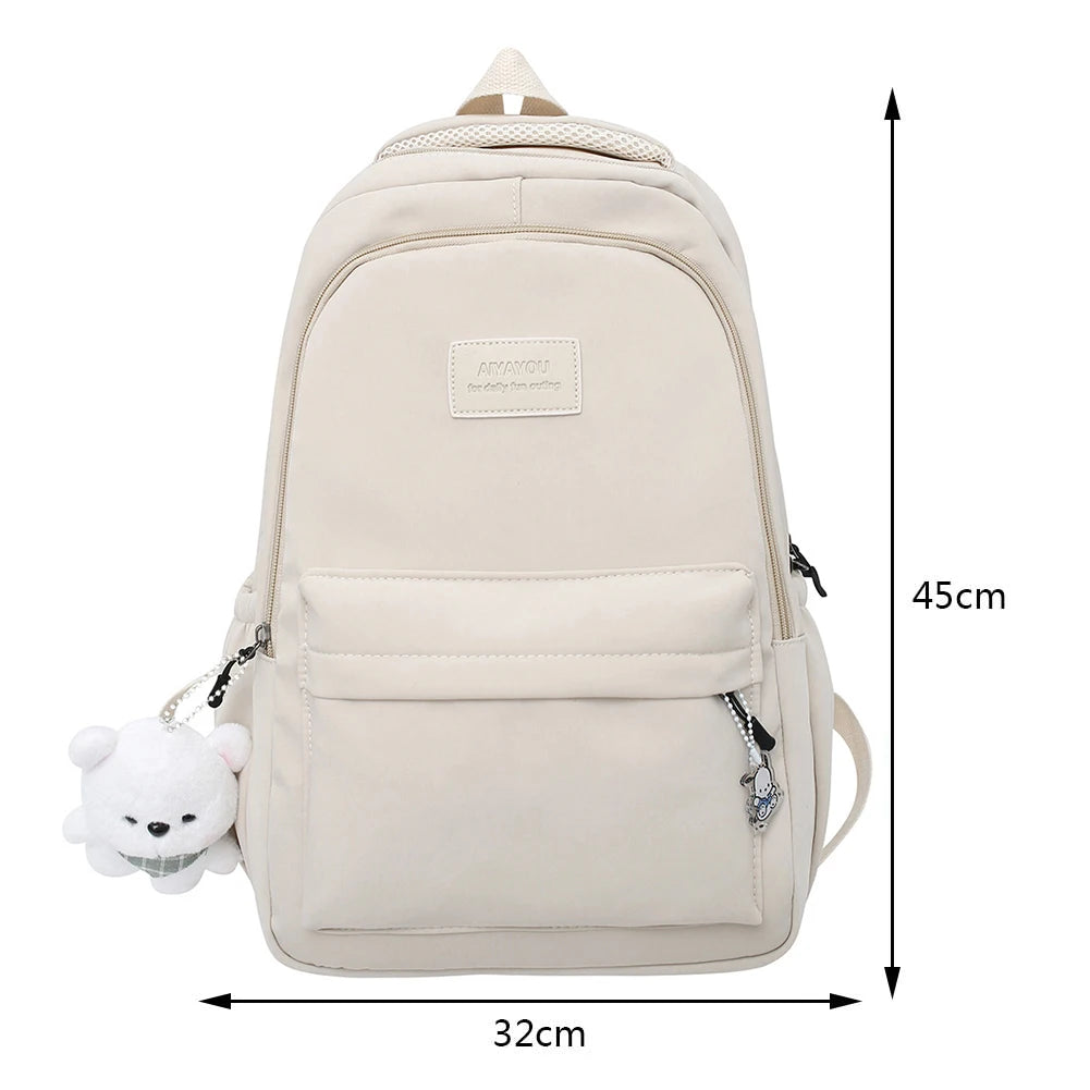 College Student Rucksack Large Capacity Casual Book Bags with Cute Pendant Simple Adjustable Strap Fashion for Outdoor Sport