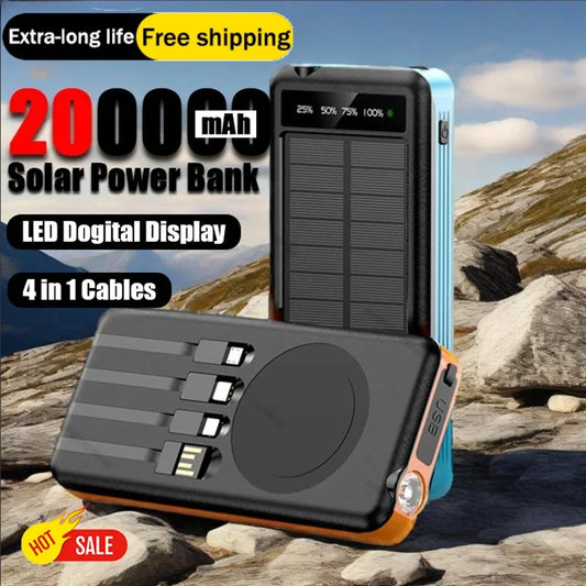 50000mAh Portable Solar Power Bank PD22.5W Ultra Fast Charging Built-in Four Wire PowerBank  for IPhone Huawei Samsung