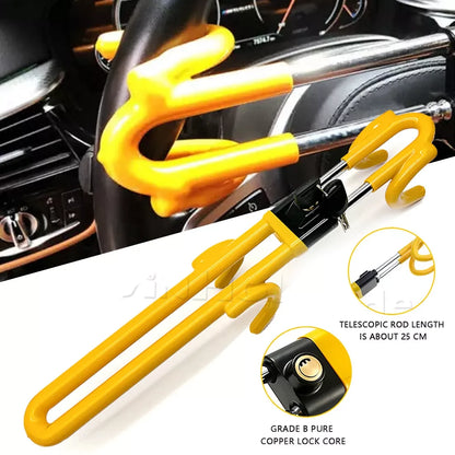 Steering Wheel Lock Anti-Theft Heavy Duty Secure Car Device, Adjustable Length Clamp Double Hook Locks Universal Fit (Yellow)