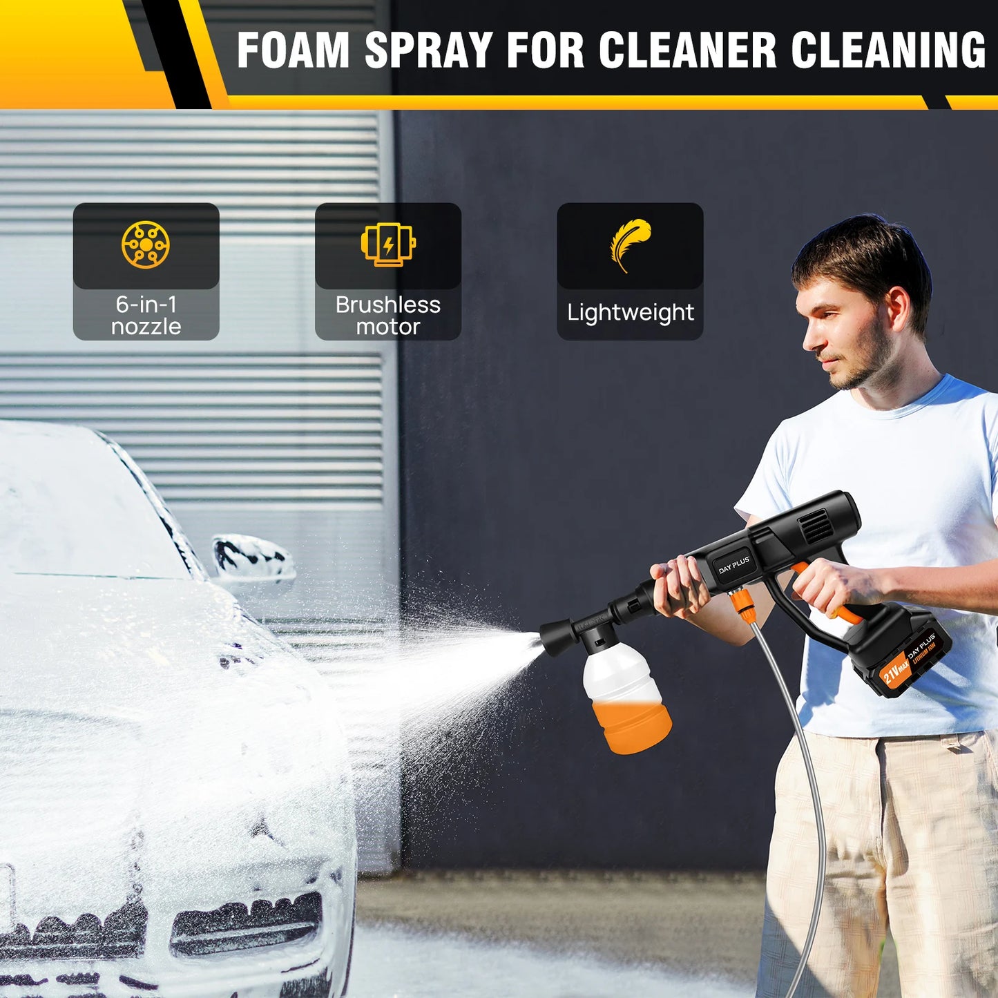DayPlus Cordless Pressure Washer,6-in-1 Portable Pressure Washer 150bar 3.0Ah Battery for Floor/Garden Cleaning & Watering