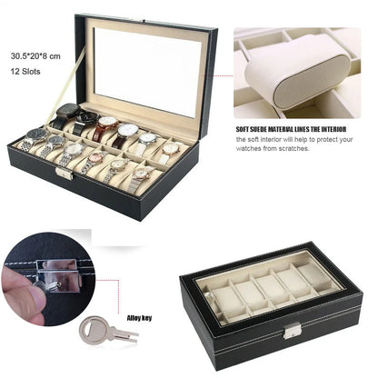 12 Grids PU Leather Watch Display Case Organizer Top Glass Bracelet Jewelry  Collection Storage Holder Exquisite Box