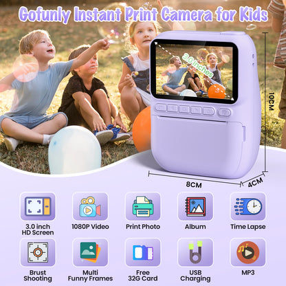 Kids Digital Camera 3.0" Portable Instant Print Camera 32MP HD 1080P Camera Toy Gift For 6-12 Year With 3 Rolls Printer Paper