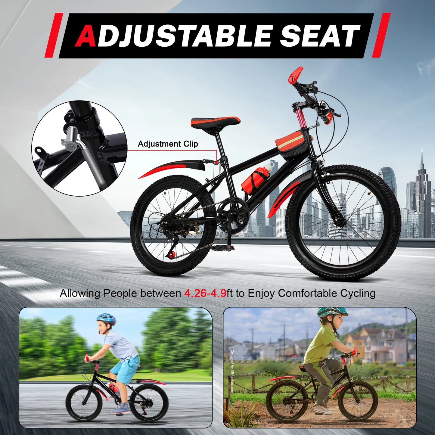 20" Mountain Bike 7 Speeds Kids Bicycle Children's Bicycle Height Adjustable MTB Boys Girls Riding Bike