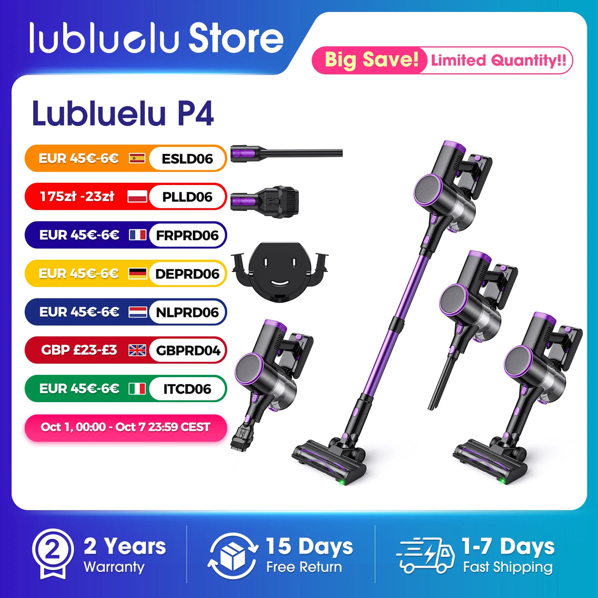 Lubluelu P4 Cordless Vacuum Cleaner 30Kpa Suction, 40Mins Runtime, Self-Standing, Green LED, for Hard Floor Carpet Pet