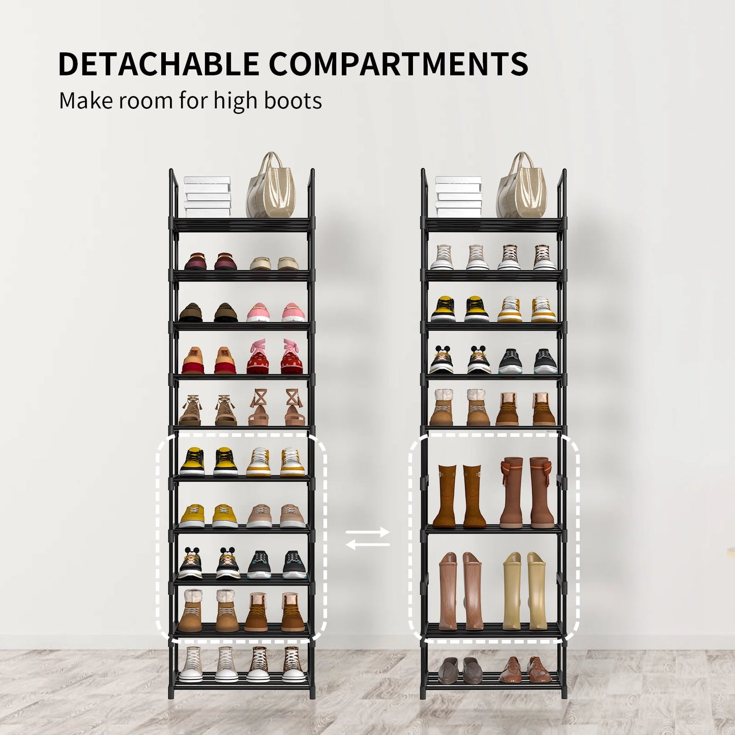 Shoe Rack,10-Tier Metal Shoe Storage Organiser, Metal Frame, Space-Saving Rack,for Room, Hallway STORAGE SHELVES STAND WITH HOOK
