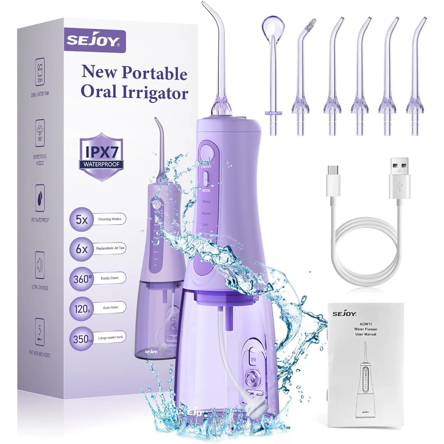 SEJOY Dental Oral lrrigator for Men Women Teeth Cleaner Portable Dental Water Flosser 4 Modes IPX7 Mouth Washing Machine