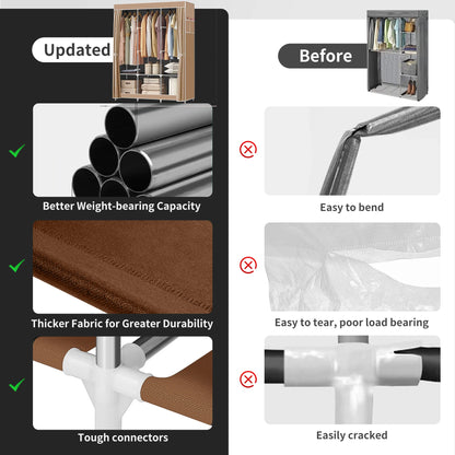 Large Heavy-Duty Fabric Canvas Wardrobe Closet with Hanging Rail & Shelving Storage