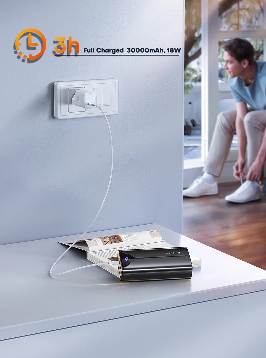 QOOVI 30000mah Power Bank 22.5W Fast Charging Built-in Cable External Large Battery Portable Charger For iPhone Samsung Xiaomi
