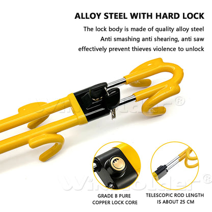 Steering Wheel Lock Anti-Theft Heavy Duty Secure Car Device, Adjustable Length Clamp Double Hook Locks Universal Fit (Yellow)