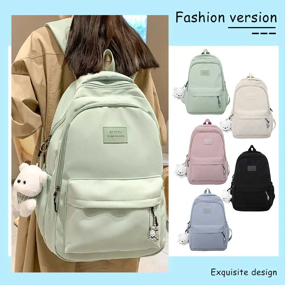 College Student Rucksack Large Capacity Casual Book Bags with Cute Pendant Simple Adjustable Strap Fashion for Outdoor Sport