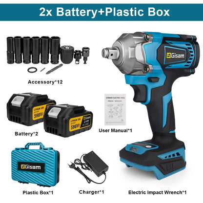 Gisam 1200N.M Torque Brushless Electric Impact Wrench 1/2 inch Cordless Wrench Screwdriver Power Tool For Makita 18V Battery Pin