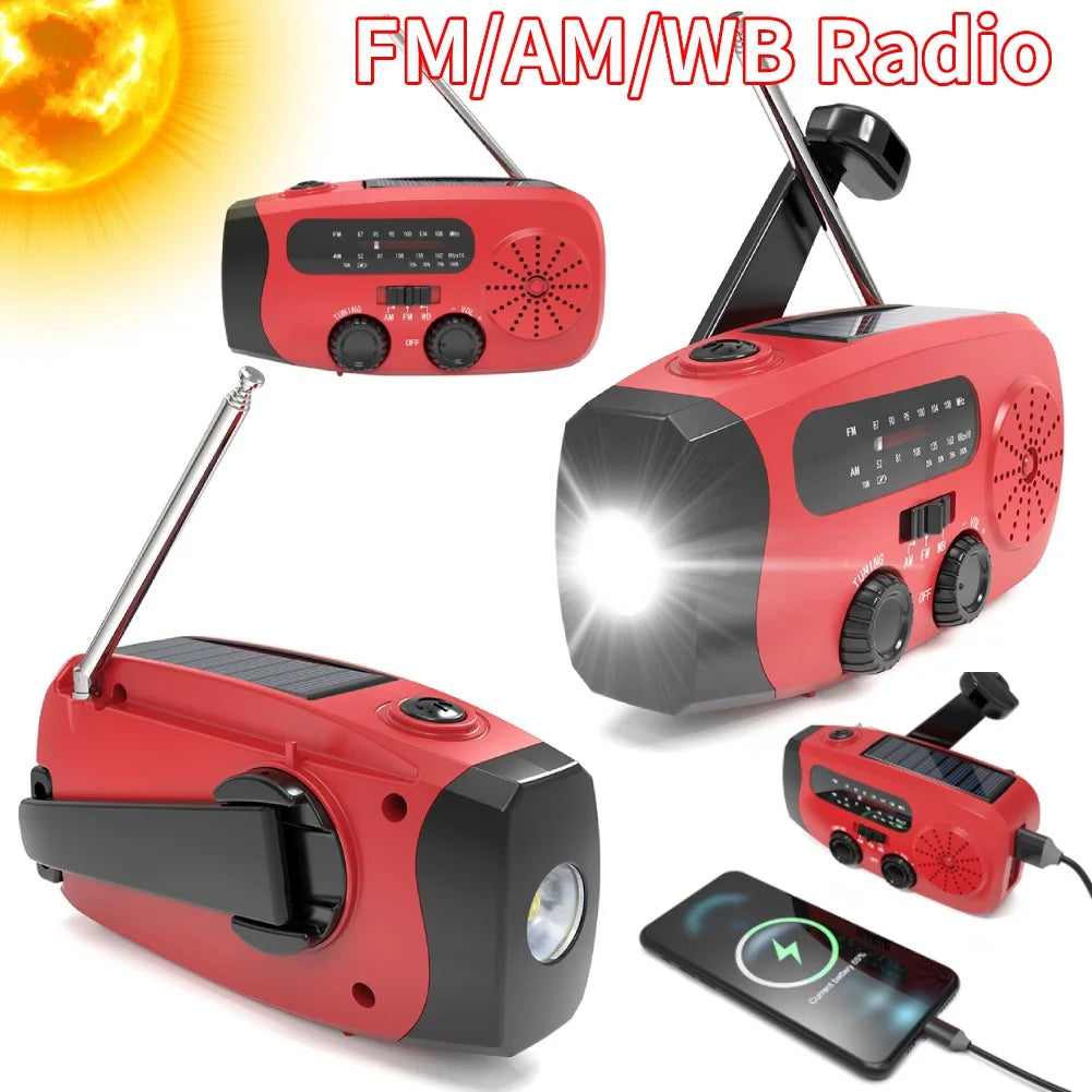 Multifunctional Solar Hand Crank Radio FM AM WB Weather Radio 2000mAh USB Charging Emergency LED Flashlight Power Bank ﻿