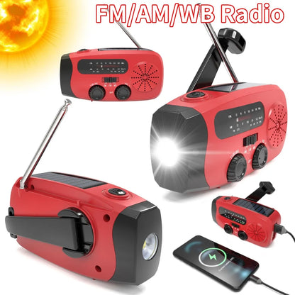 Multifunctional Solar Hand Crank Radio FM AM WB Weather Radio 2000mAh USB Charging Emergency LED Flashlight Power Bank ﻿