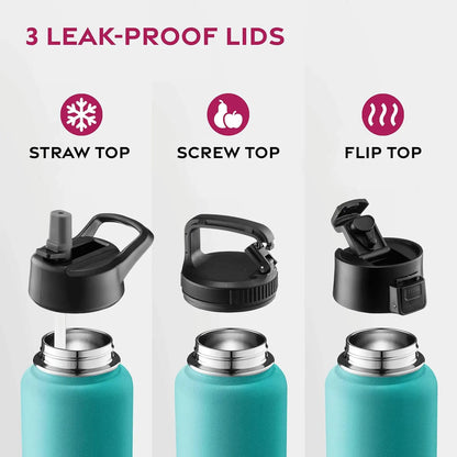 FineDine Triple Walled, Insulated Water Bottles with Straw - 32 Oz Stainless Steel Metal Bottle W/ 3 Leak Proof