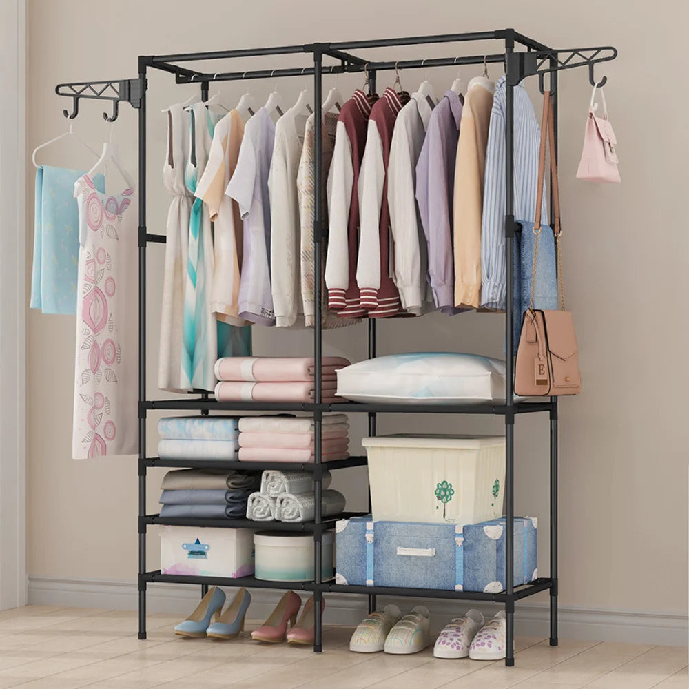 Clothes Rack Double Row Clothes Rack Large Floor Hangers With Hanging Hooks Shoes Household Storage Shelf Modern Coat Rack