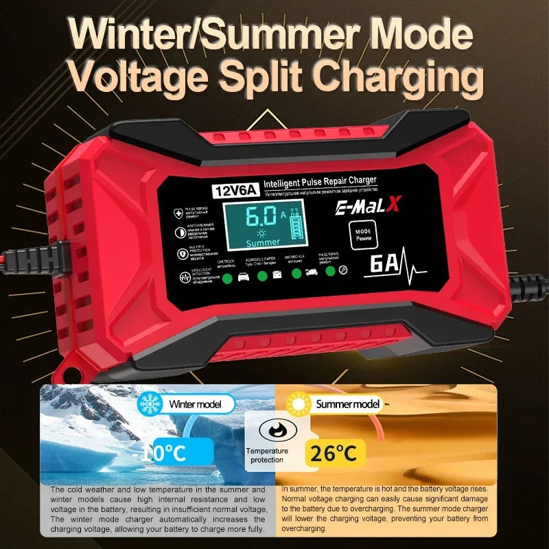12V 6A Car Battery Charger Pulse Repair LiFePO4 14.6V Smart Fast Charge AGM Deep Cycle GEL Lead-Acid Charger For Auto Motorcycle
