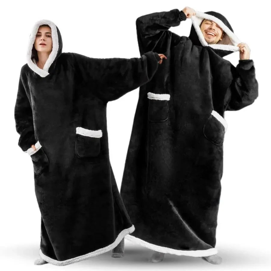 180cm Super Long Flannel Blanket Pyjamas with Sleeves Winter Hoodies Sweatshirt Women Men Pullover Fleece Giant Oversized Outdoo